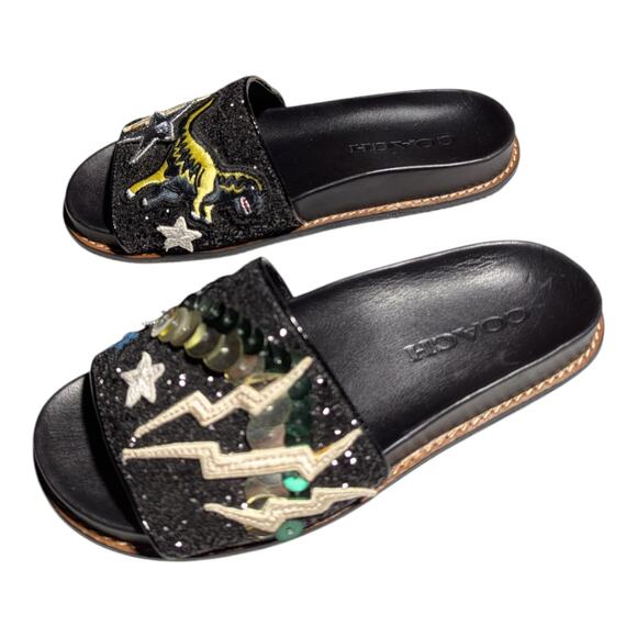 Coach Rexy Sport Slide Black Glitter Embellished Dinosaur Applique Sandals Sz 5 - Picture 6 of 6